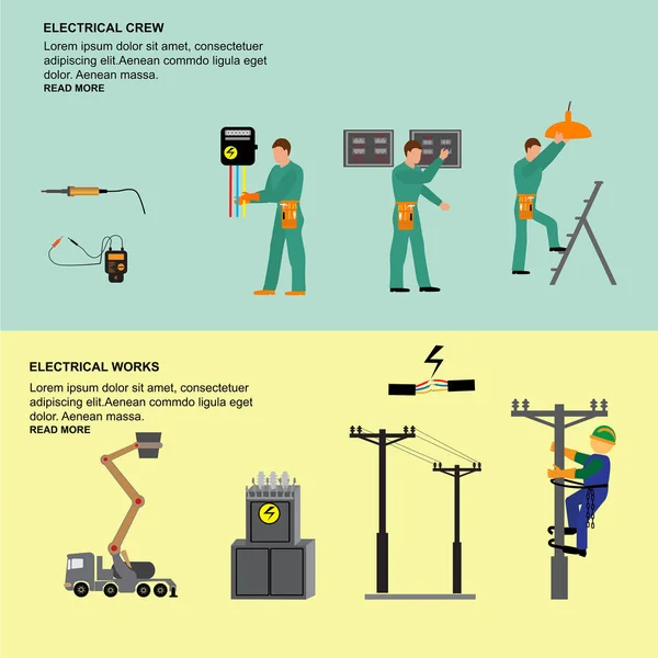 Reparadores Eletricistas Handymen Figuras Equipamentos Elétricos Design Plano —  Vetores de Stock