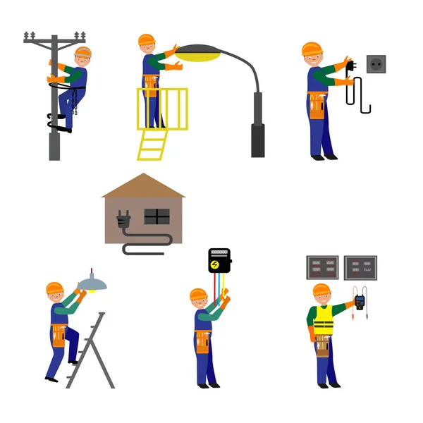 Icons Set Repairmen Electricians Handymen Figures Electric Equipments — Stock Vector