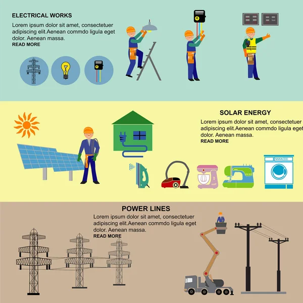 Repairmen Electricians Handymen Figures Electric Equipments Flat Design — Stock Vector