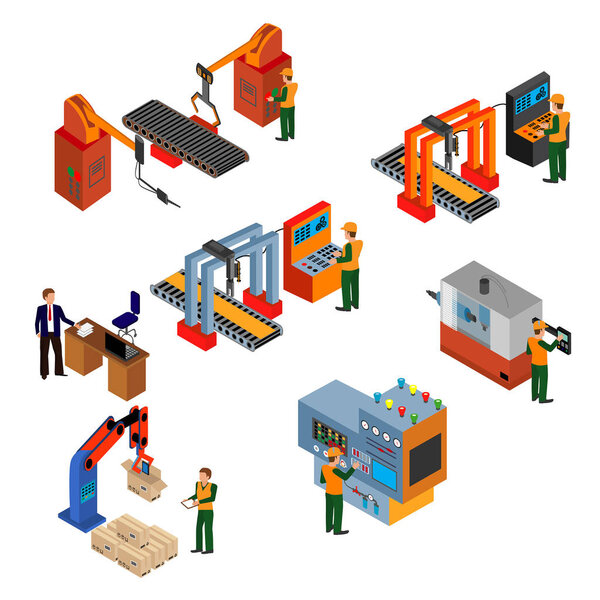 механическое оборудование, металлообрабатывающие станки и персонажи операторов
