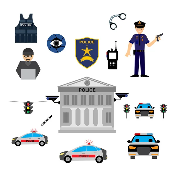 Strafrechtelijke en politiële icons set — Stockvector