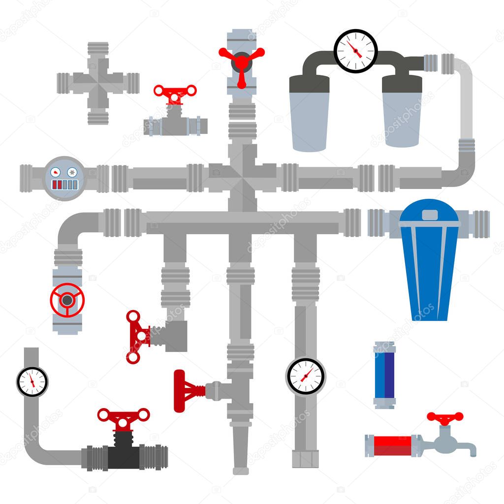 Collection of detailed construction pieces: pipes, fittings, gate valve, faucet,filtres