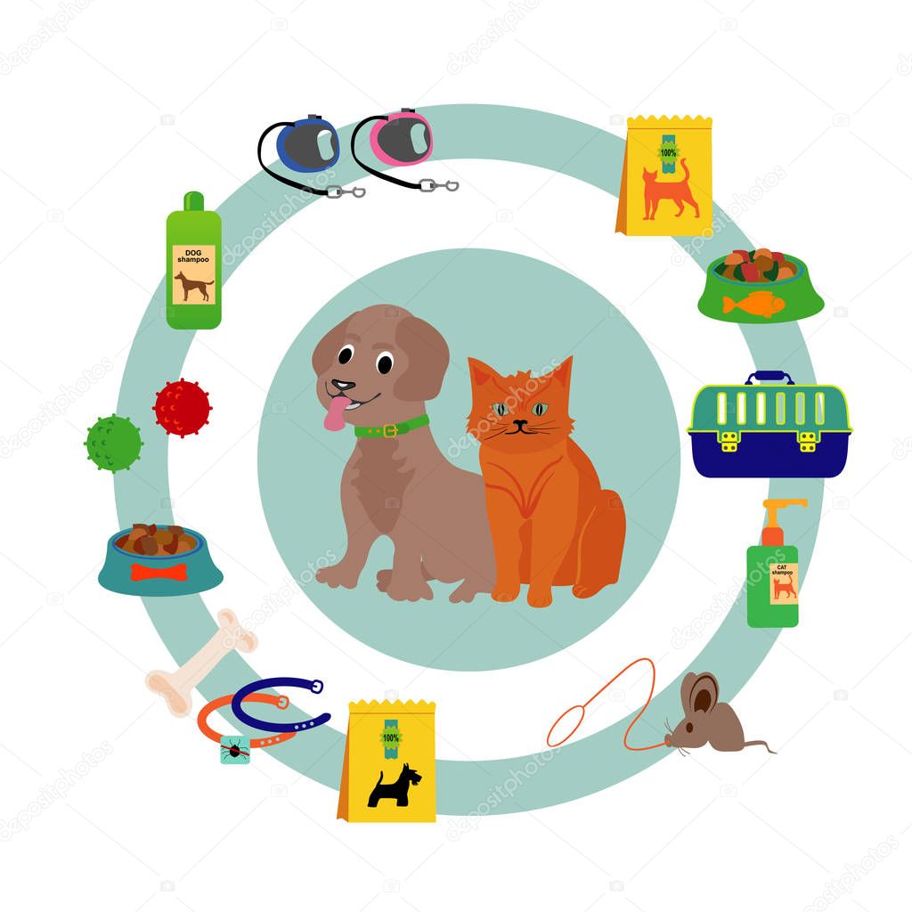 Pet shop decorative icons set with dog and cat icons and goods for pets