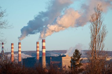 Bitki, güneşli bir günde borulardan duman ve sis yayar. Kirleticiler atmosfere girer. Ekolojik felaket. Zararlı emisyonlar. Kimya endüstrisi