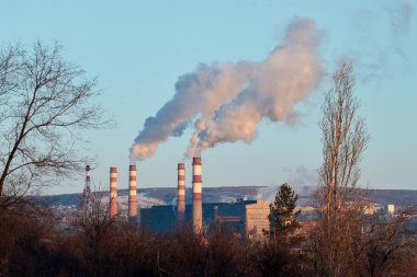 Bitki, güneşli bir günde borulardan duman ve sis yayar. Kirleticiler atmosfere girer. Ekolojik felaket. Zararlı emisyonlar. Kimya endüstrisi