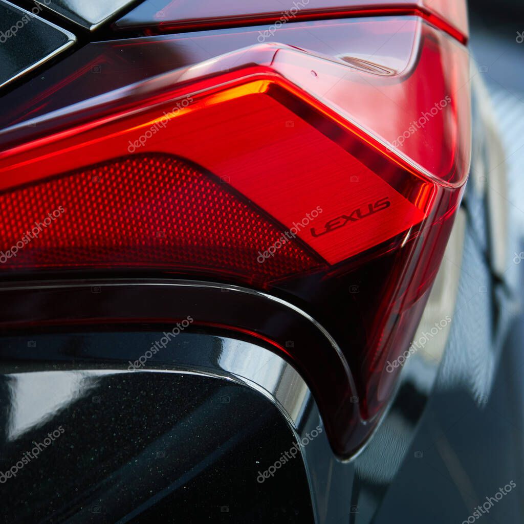 RUSSIA, SARATOV - March 21, 2020: Lexus logo on the headlight of a new car
