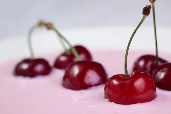Red Cherry Yogurt Close Healthy Breakfast Good Morning Mood — Stock Photo, Image