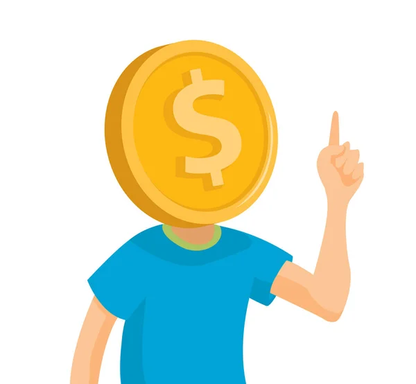 Man obsessed about money with coin head — Stock Vector