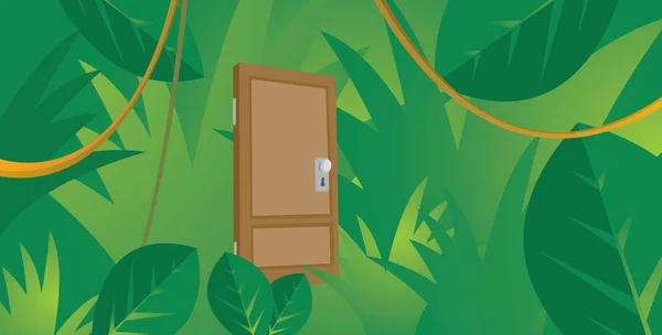 Puerta misteriosa escondida en la espesa selva — Vector de stock