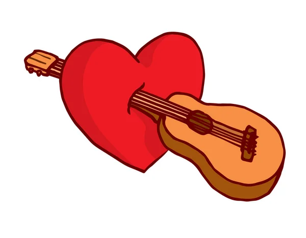 Coração esfaqueado pela guitarra acústica ou amor pela música —  Vetores de Stock