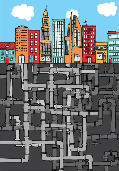 Complex pipelines hiding beneath the city — Stock Vector