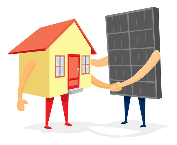 Aperto de mão entre casa e painel solar — Vetor de Stock