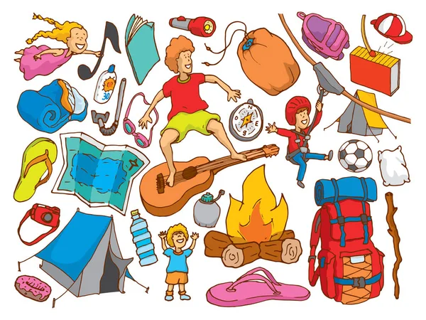 Summer camp kids and object collection — Stock Vector