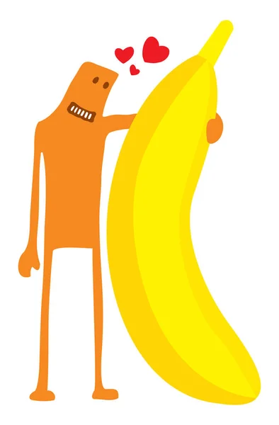 Personaj amuzant în dragoste cu o banană — Vector de stoc