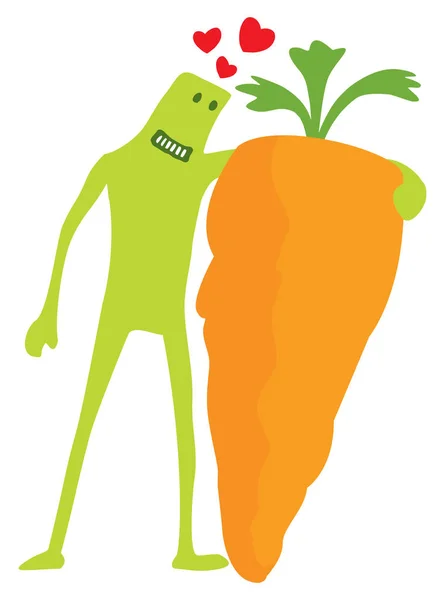 Funny doodle character in love with carrot — Stock Vector