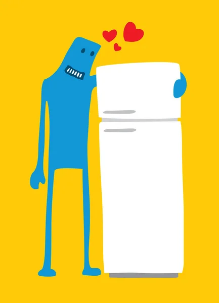 Funny character in love with his fridge — Stock Vector