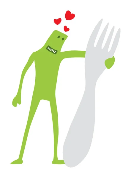 Funny doodle character in love with fork — Stock Vector