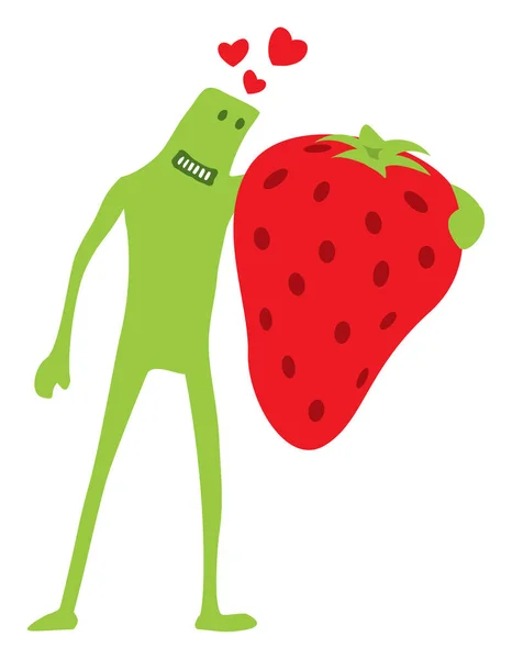 Funny doodle character in love with strawberry — Stock Vector