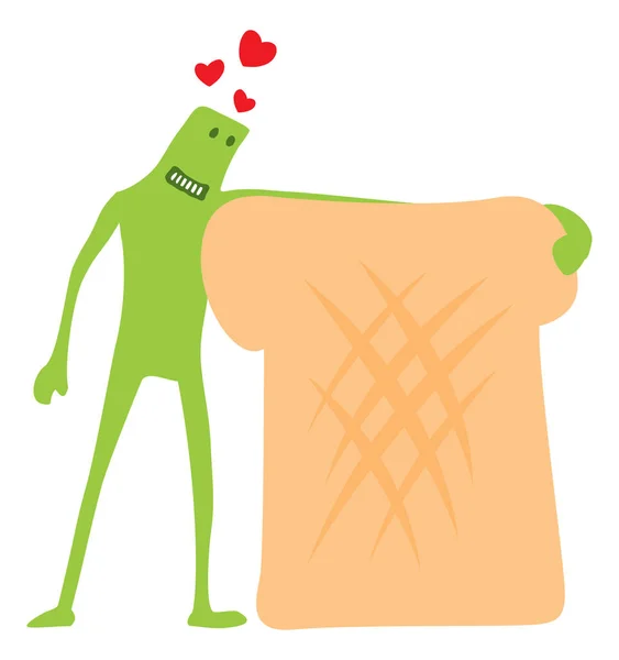 Grappige doodle karakter verliefd op toast of brood — Stockvector