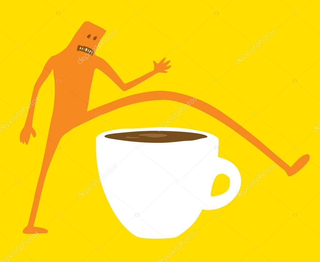 Doodle character jumping over coffee or breakfast