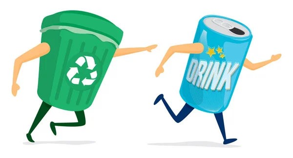 Funny chase between recycling bin and can — Stock Vector