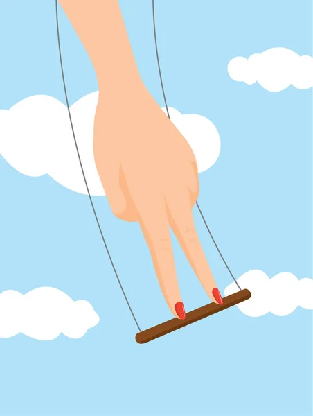 Womans hand balancing on flying trapeze — Stock Vector