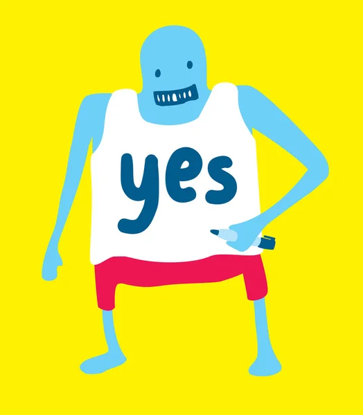 Grappige doodle karakter met ja-woord geschreven op shirt — Stockvector
