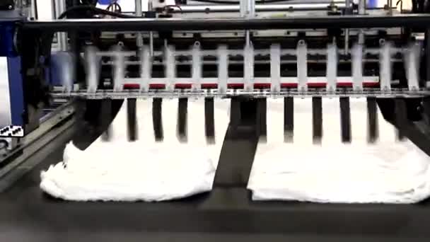 ビデオはビニール袋を製造する工場を示しています シャフトが回転してるセロファンはシャフト間を移動します ポリエチレン袋の製造用機械の断片 — ストック動画