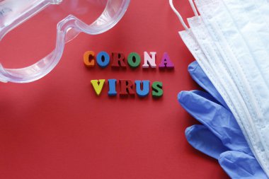 Yazılı CORONAVIRUS. Koronavirüsün karantina önlemi. 21. yüzyılın salgını. Salgını önleme. Evden ayrılmayın. Kırmızı arkaplan.