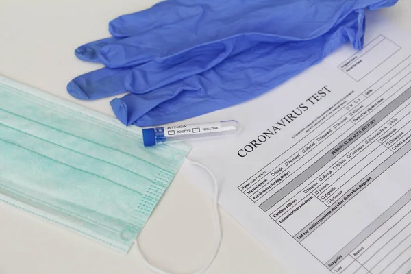 Coronavirus Laboratory Test Concept Table Test Tube Latex Medical Gloves — Stock Photo, Image