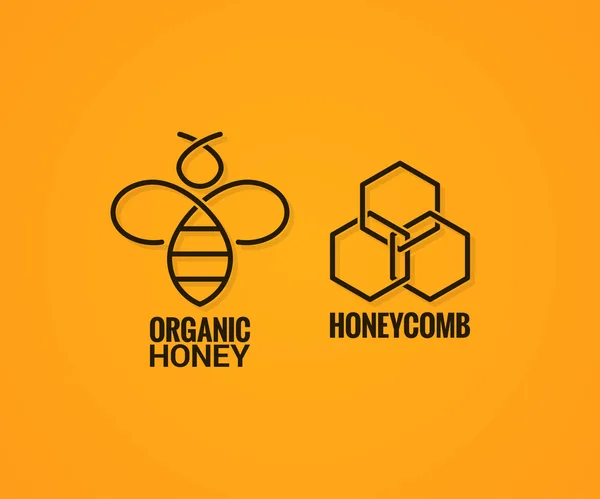 Bienenlogo und Wabenetikett auf gelbem Hintergrund — Stockvektor