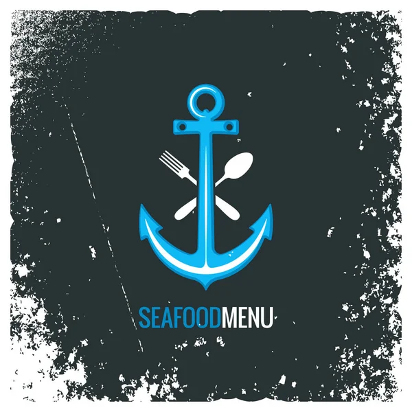 Logo de mariscos con ancla, tenedor y cuchara — Vector de stock