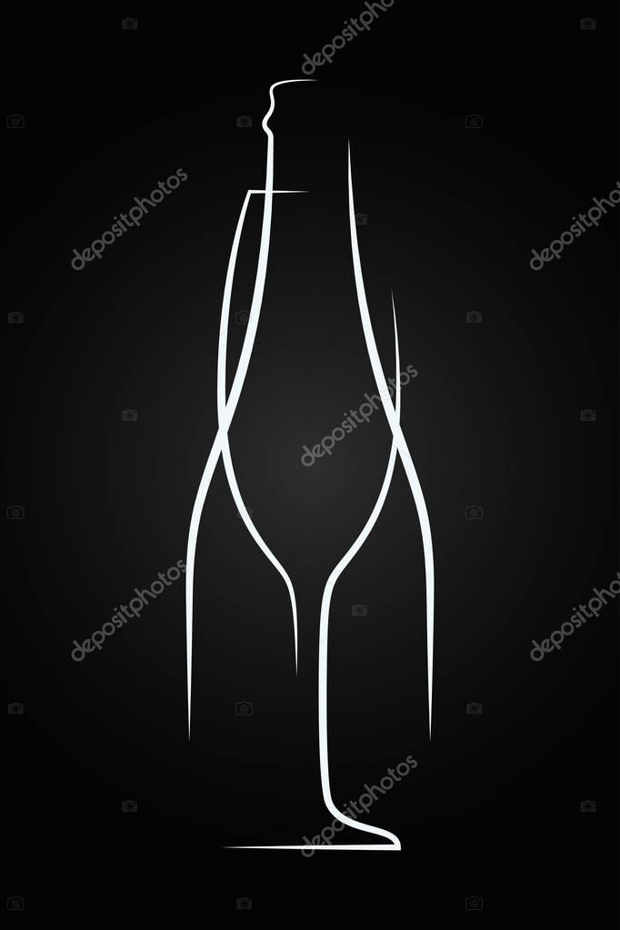 Champagne glass logo. Champagne bottle on black background 10 eps