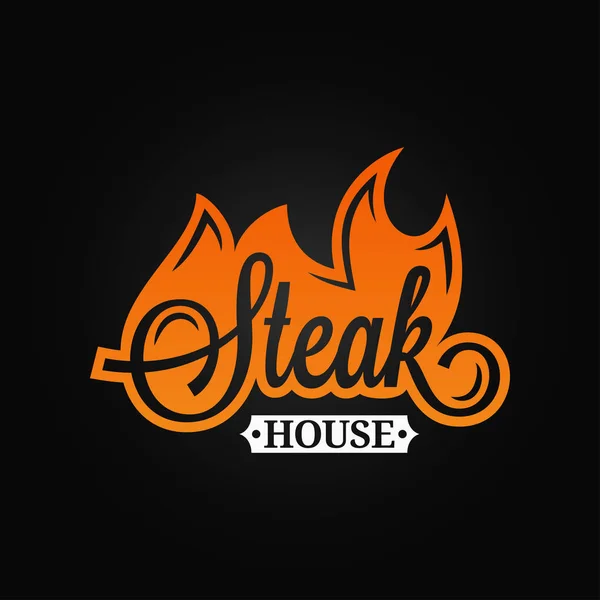 Steak Logo Flamme Vintage Schriftzug. Grillfeuer auf schwarzem Hintergrund — Stockvektor