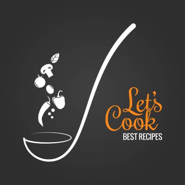 Lezzet kavramı ile çorba Kepçe. Pişirme siyah arka plan üzerine kaşık tasarım