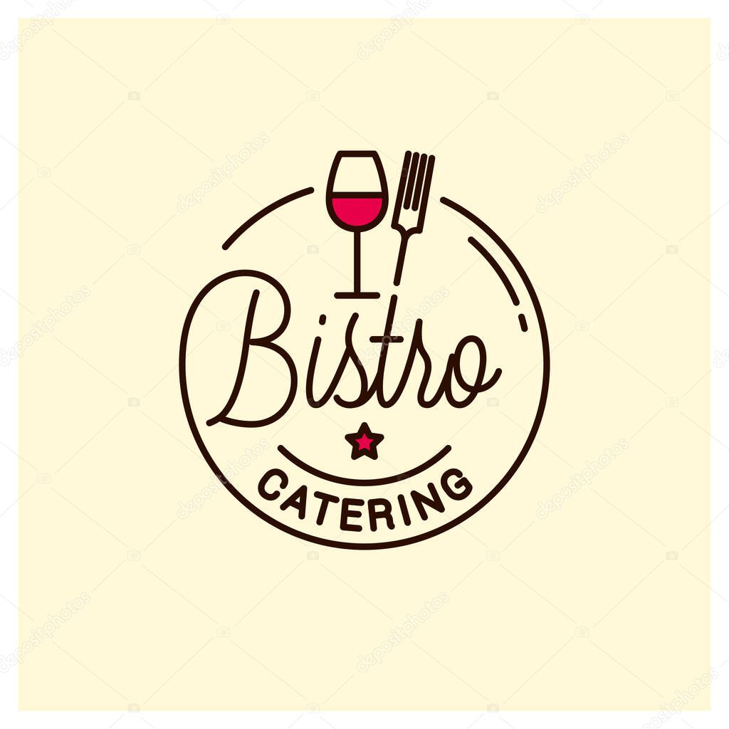 Bistro catering logo. Round linear logo of bistro with wine glass and fork on vintage background 8 eps