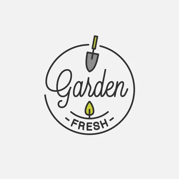 Garten frisches Logo. Runde Lineare des Gartenwerkzeugs — Stockvektor