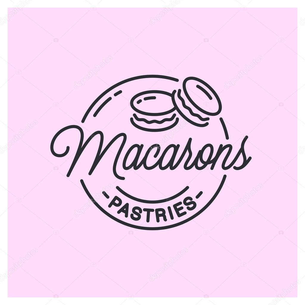 Macarons logo. Round linear logo of macarons pastries store on pink background 8 eps