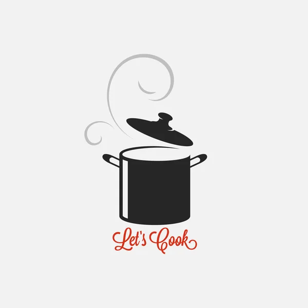 Saucepan logo. Lets cook vintage lettering white — Stock Vector
