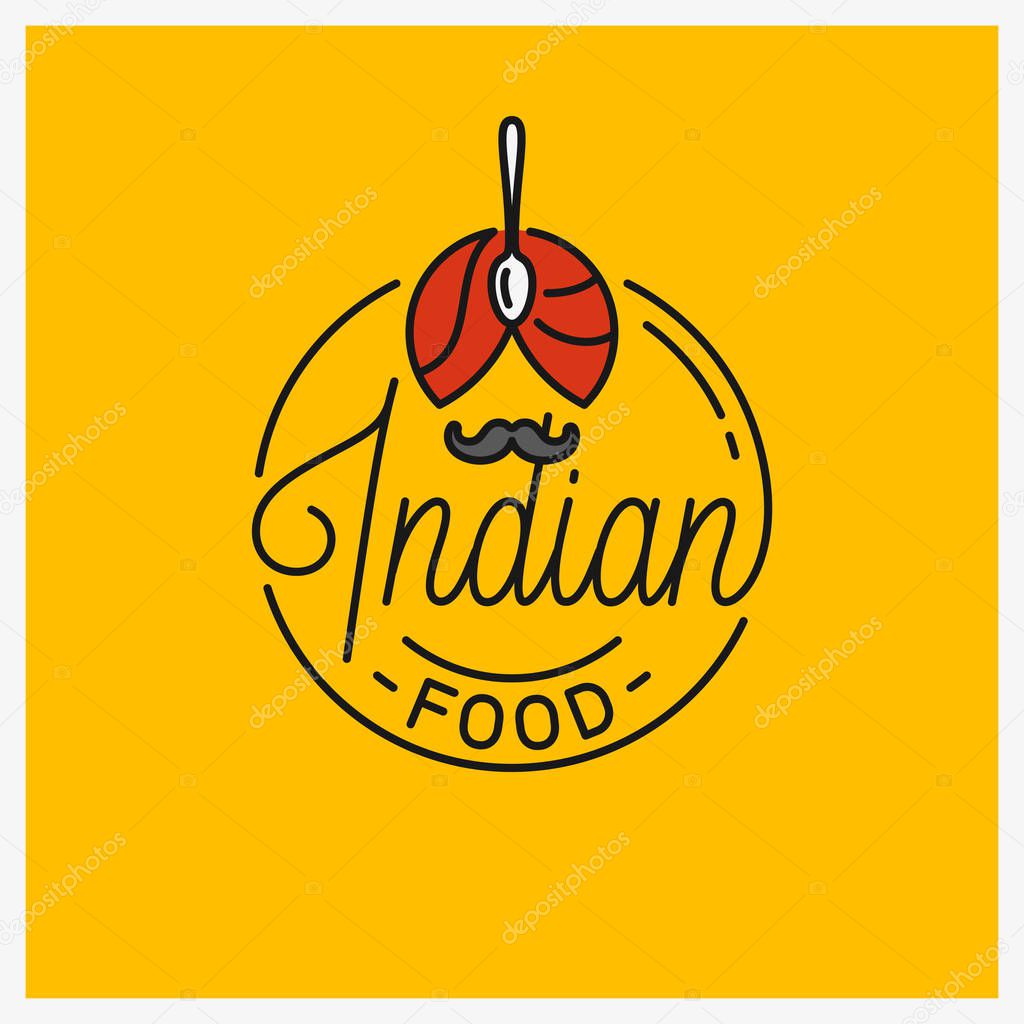Indian Food Logo. Round linear logo of Indian turban with spoon on yellow background 8 eps