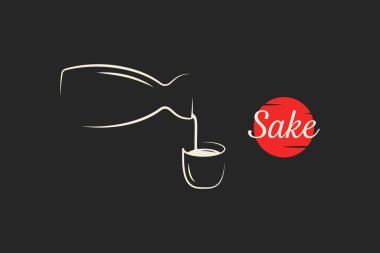 Sake logosu. Şişeler ve sakeler siyah üzerine dökülür.