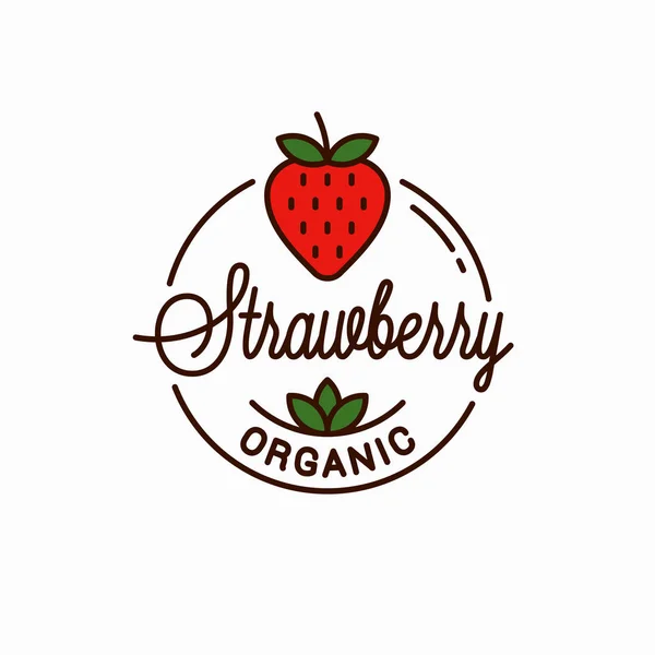 草莓标志。 有机产品的圆形线形标识 — 图库矢量图片