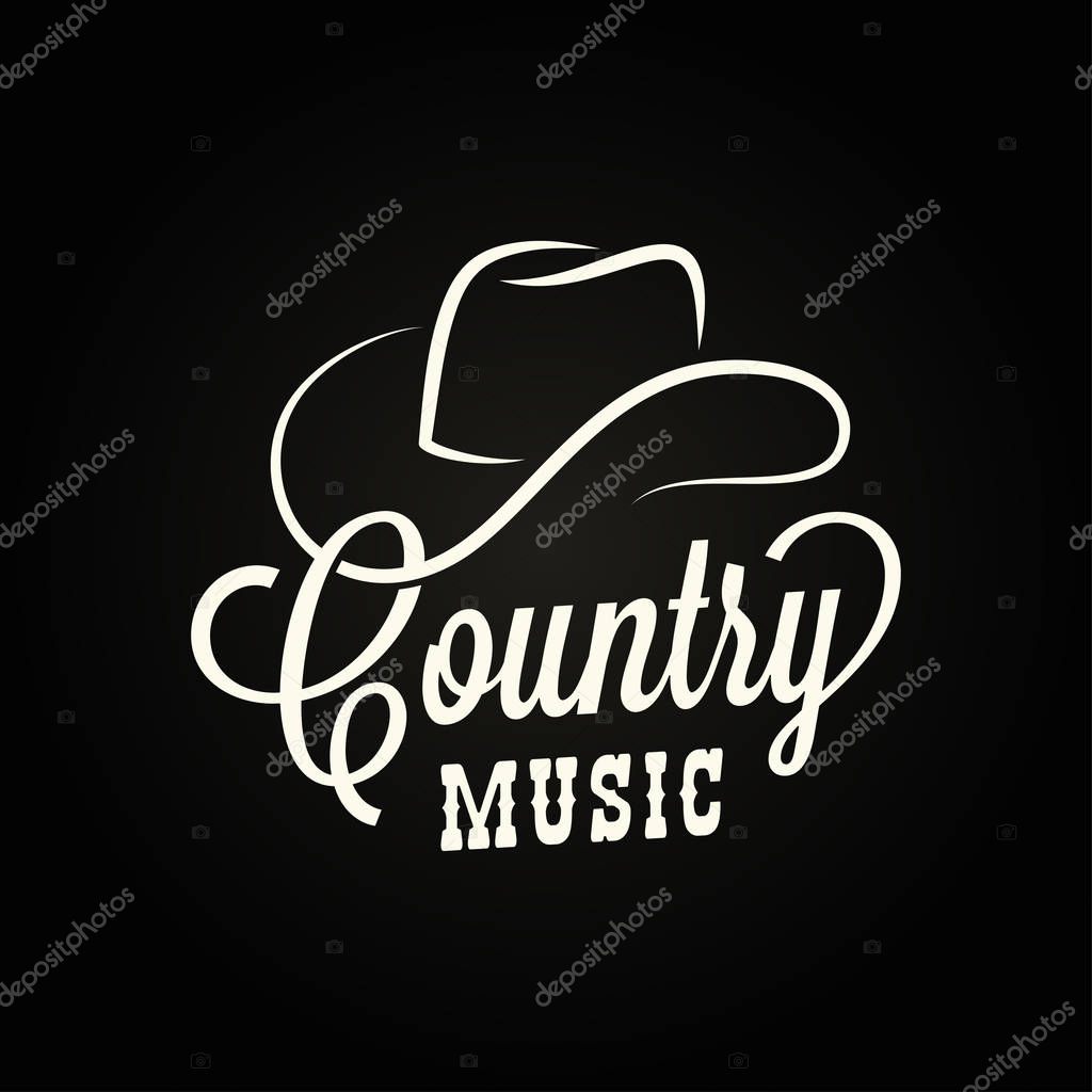 Country music sign. Cowboy hat with country music lettering on black background 10 eps