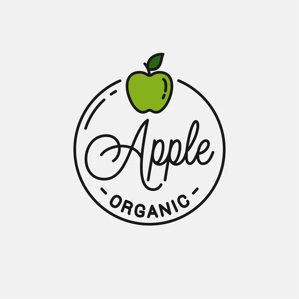 苹果水果标志。绿色苹果圆形线形标识 — 图库矢量图片