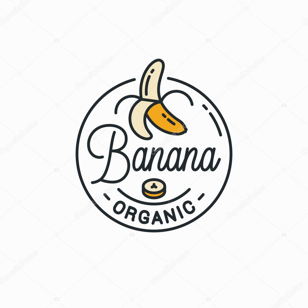 Banana logo. Round linear logo of peeled banana on white background 8 eps