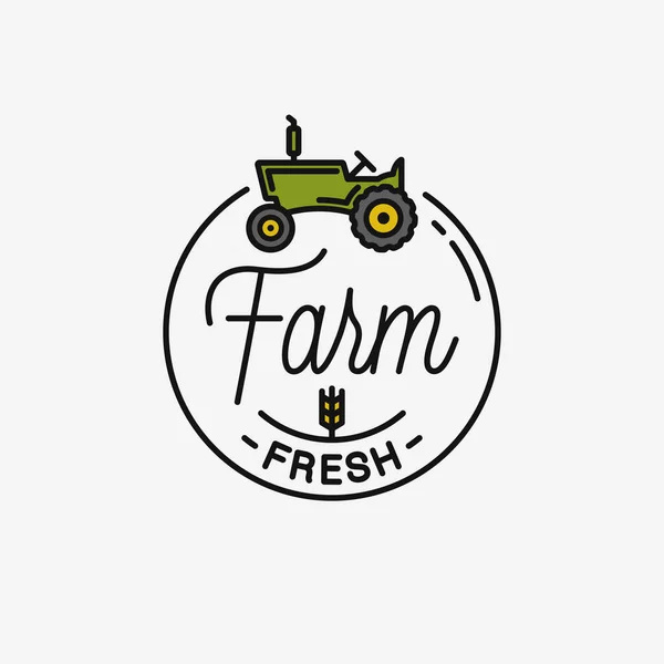 Logo fresco de granja. Logotipo lineal redondo del tractor agrícola — Archivo Imágenes Vectoriales