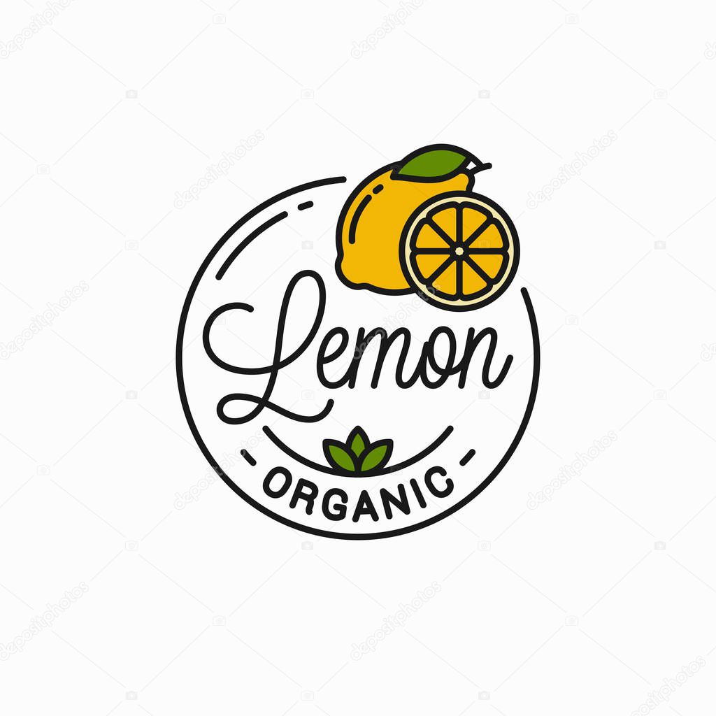 Lemon fruit logo. Round linear logo of lemon slice on white background 8 eps