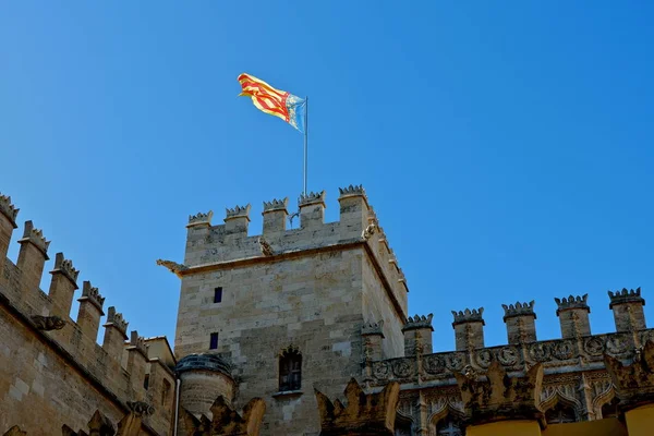 Flag Valencian Community Waving Top Silk House Old Center Valencia — Stock Photo, Image