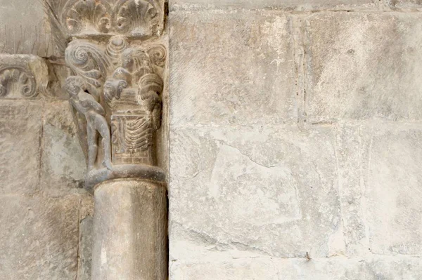 Ozdobiona Zewnętrzna Ściana Głównej Katedry Jaca Wybudowana Wieku Huesca Aragon — Zdjęcie stockowe