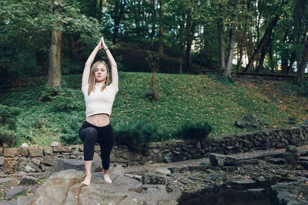 Femeia Mai Leneşă Face Yoga Parc Conceptul Exerciții Yoga — Fotografie, imagine de stoc